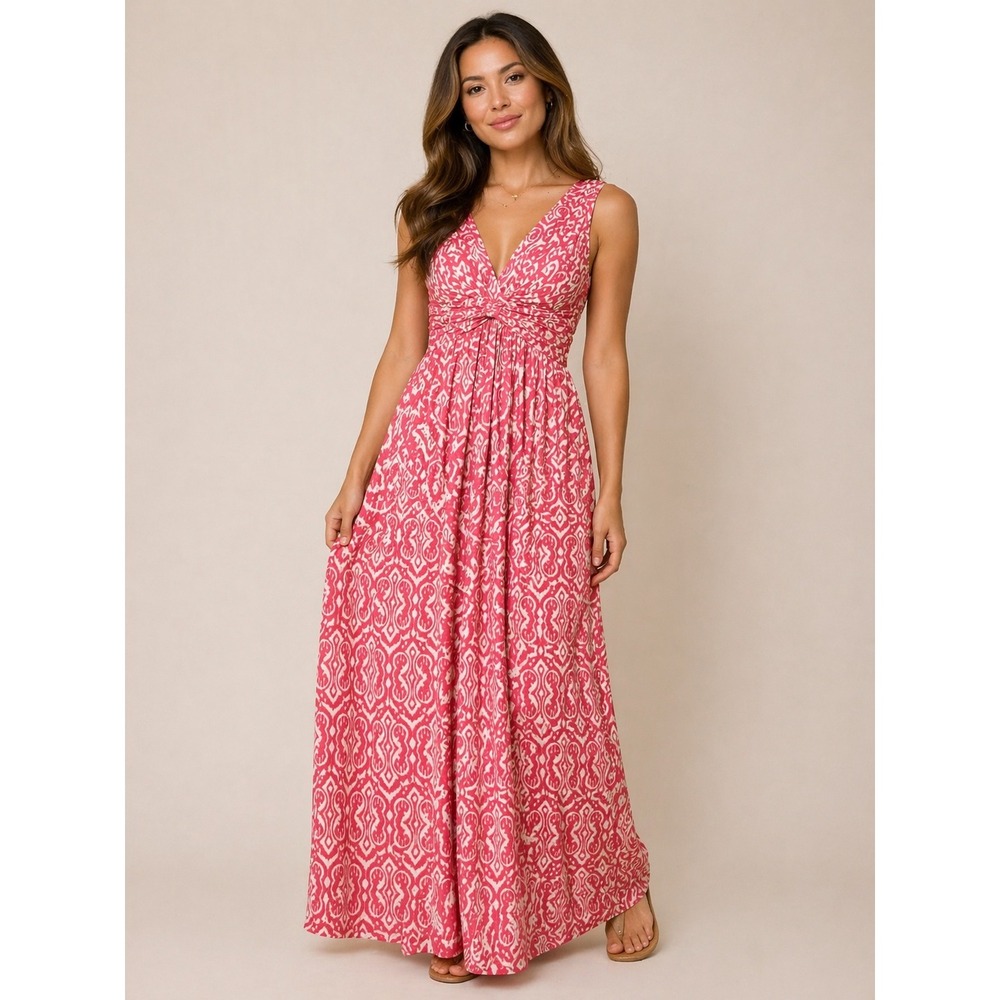 Lemon Tart Womens Coral Pink White Ikat Damask V-Neck Maxi Dress Small T2123P783